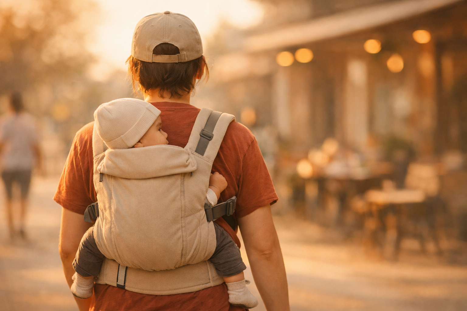 KI generiertes Bild eines Mannes der ein Baby in einer Tragehilfe am Rücken trägt